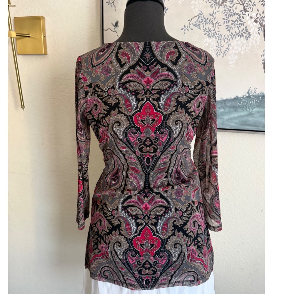 INC International Concepts Pink Paisley Mesh Keyhole Top Rhinestone Blouse Small - Picture 4 of 6
